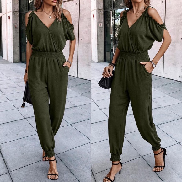 Green Cold Shoulder Plunge Neck Jumpsuit